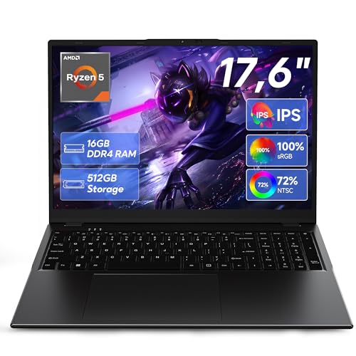 jumper 2026 Gaming Laptop 17,6 Zoll IPS 1920X1200, 16GB DDR4 RAM 512GB SSD, AMD Ryzen5 3500U(bis zu 3,7GHz), Leuchtende Tastatur, Leichte Business und Studenten Notebook, USB/HDMI/Typ-C/WiFi6