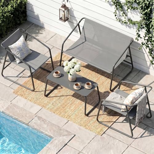 LIFERUN Gartenmöbel Set 4-TLG für 4 Personen, Textilene Balkonmöbel Set mit 2er Gartenbank, 2 Stühlen & Glastisch, Wetterfeste Outdoor Sitzgruppe, für Terrassen, Gärten und Außenbereiche (Grau)