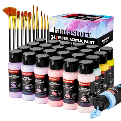 Fantastory Acrylfarben Set Pastell 24 x60 ml, Acrylic Paint mit 12 Pinsel