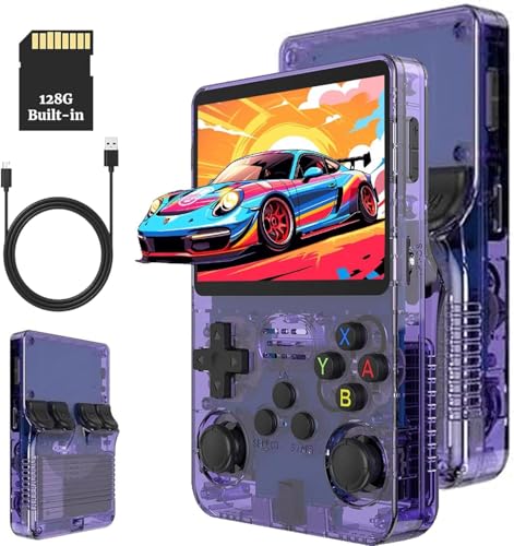 XiFanHo R36S Retro Handheld Game Console 128G - 3.5“ IPS Bildschirm mit 40000+ Classic Games Tragbarer Pocket Video Game Player Open Source Linux OS mit 3500mAh Batterie (Violett)