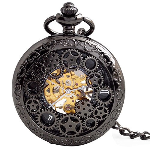BOSHIYA Herren Taschenuhr mit Kette Mechanische Vintage Steampunk Skelett Halbjäger Handaufzug Mechanische Römische Ziffern Skala Kettenuhr für Herren Schwarz