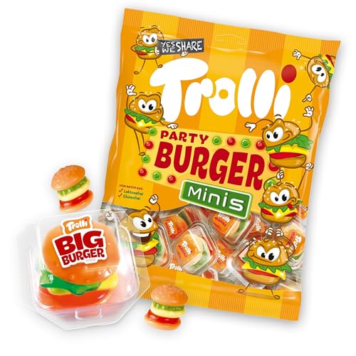 Trolli Burger Tüte Set – 170g Party Burger Minis & 1x Big Burger 50g – Kultige Fruchtgummis zum Naschen & Teilen – Süßigkeiten-Mix für Kindergeburtstag, BBQ & Candy Bar – Jeder Burger einzeln verpackt