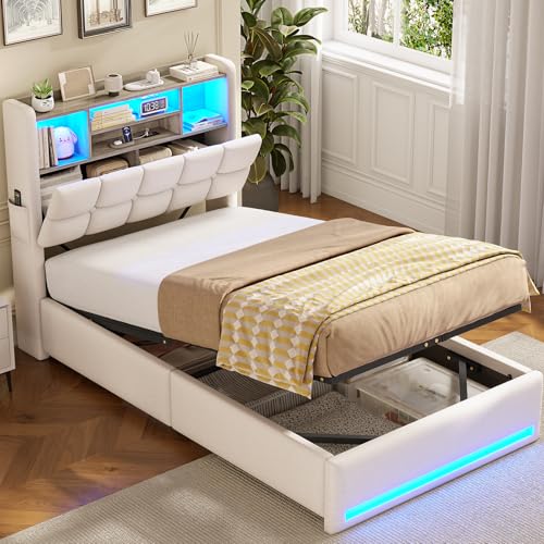 AOGLLATI Polsterbett 90×200cm Hydraulisches Stauraumbett mit LED-Bleuchtung Jugendbett mit Ladestation Einzelbett mit Stauraum Kopfteil, Leinenstoff, ohne Matratze (Beige, 90x200cm)