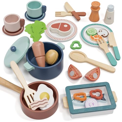 Lehoo Castle Kinderküche Zubehör, Spielküche Zubehör Holz, Kinder Küchenset, Kinderküche Geschirr mit Töpfe und Kochgeschirr, Spielzeug ab 3 Jahre