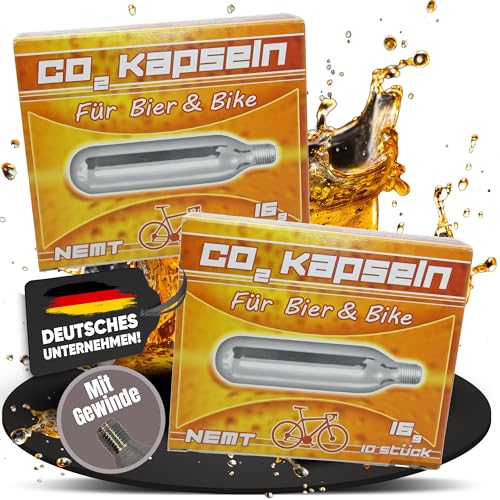 20 NEMT Kapseln mit Gewinde Co2 16g Bierkapseln und Bikekapseln für Bierzapfanlagen mit 16g Kohlesäurekapseln kompatibel mit Co2 Kartuschenpumpen Fahrrad Minipumpen kompatibel mit BeerBuddy