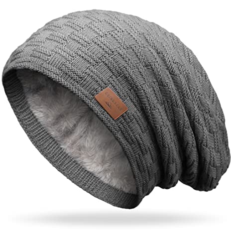 Grin&Bear Long Slouch Beanie Grobstrick Teddyfleece M10 (DE/NL/SE/PL, Alphanumerisch, Einheitsgröße, Grau Leder)