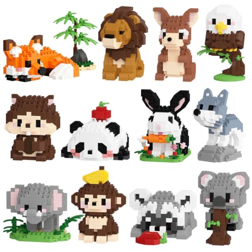 Tiere Klemmbausteine Set, 12Stück Mini Tier Figuren Bausteine Modellbausatz