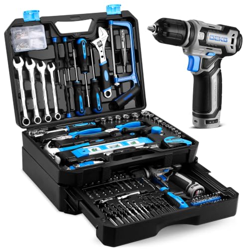 238-tlg Werkzeugkoffer Gefüllt: DEKO Werkzeugset mit 12V Akkubohrer,Schubladen-Werkzeugkasten (einfach Zugriff),für Männer/Frauen – Hausreparaturen, Fahrzeugwartung,Heimwerken
