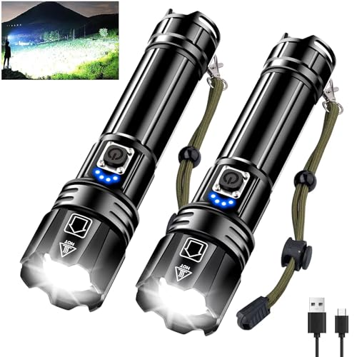 Glarylight Taschenlampe LED Aufladbar 1000000 Lumen,LED Taschenlampe Extrem Hell XHP70.2 mit 5 Modi & Zoomable & IPX7 wasserdicht,24 Laufzeit Starke Taschenlampen für Camping,Wandern,Notfälle(2 Stück)
