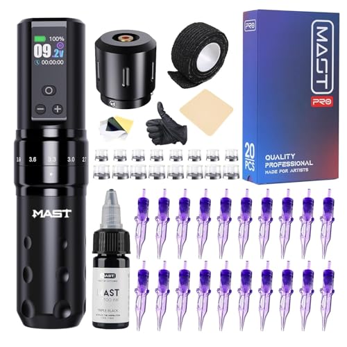 Mast Fold2 Pro Tattoo Maschine Set Kabelloses Tätowiermaschine mit Rotations,7 Hublängen, 2000mAh-Akku und Profi Tattoo Nadeln