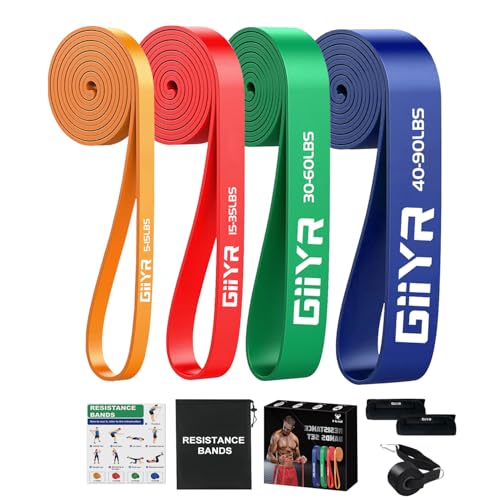 Giiyr fitnessbänder Widerstandsbänder mit 5 Stufen,Resistance Bands für Männer und Frauen,Fitnessband Set Trainingsbänder für Yoga, Pilates, Training,Klimmzughilfe, Krafttraining (4 Farben (5-90lbs))
