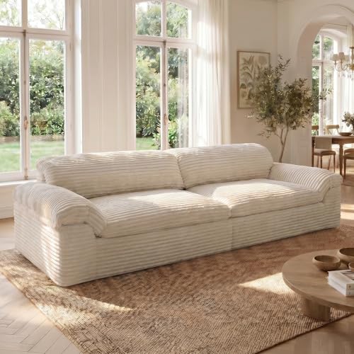 Vesgantti 260cm 3-Sitzer Boneless Sofa, Cloud Cord Sofa mit 64 cm Sitztiefe, Weiches Vollschaum Couch für Wohnzimmer, Modulares Sofa mit Geschwungenen Armlehnen, Keine Montage erforderlich, Beige