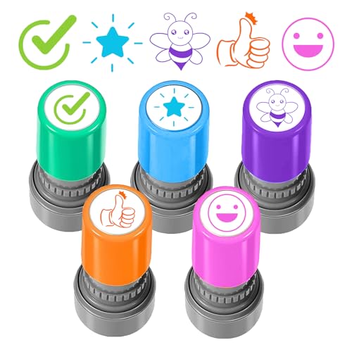 5 Stück Selbstfärbende Lehrer Stempel, Lob Ermutigung Kinder, Lehrer Bewertung Belohnung Motivation Briefmarken, Bunte Cartoon Siegel Ermutigung, Schüler Hausaufgaben Stamper