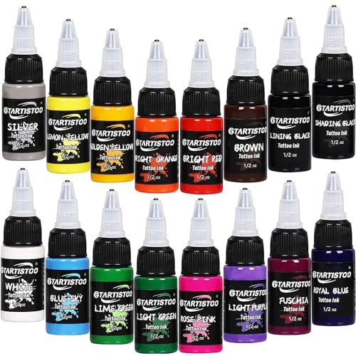 Tattoo Farbset Professionelle Tinten Set 16 Farben1/2 OZ (15ml) Premium Tinte, Tattoo Zubehör für Liebhaber und Tätowierer