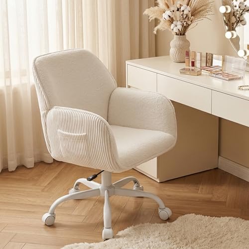 KRAMZMING Bürostuhl Schreibtischstuhl Homeoffice Stuhl Schminktisch Stuhl – Sherpa- & Cordstoff, Ergonomisch mit Armlehnen, Höhenverstellbar,360° Drehbar, Leise Rollen, Breiter Sitz, Stabil, Weiß