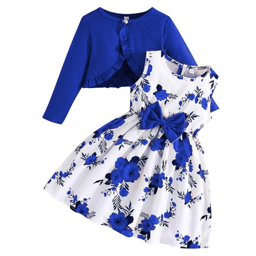 Kunyeah Kleinkind Mädchen Kleid mit Strickjacke Set Kleines Mädchen Blumen ärmelloses Kleid Rüschenmantel Baby Langarm Outfit