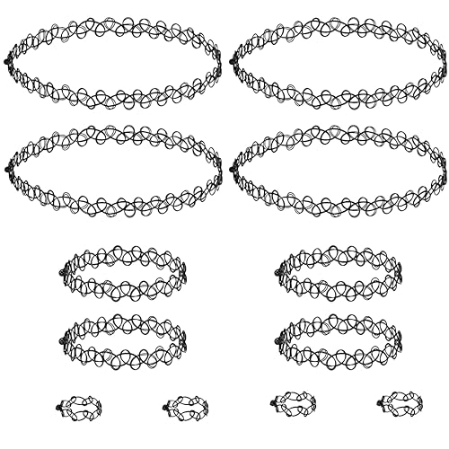 12 Stück Choker Halskette Sets,Elastische Tattoo-Halsband,Ringe,Armbänder,Jeweils 4Stück,Schwarze Choker Kette Damen 90er Jahre Outfit Damen,Punk Gothic Tattoo kette 90er jahre Accessoires für Mädchen