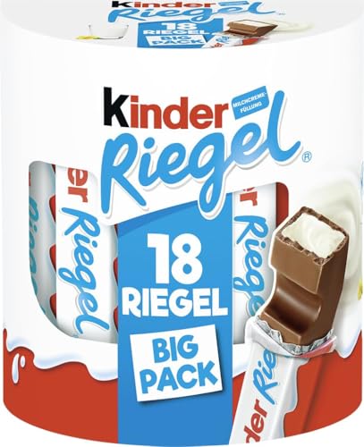 Kinder Riegel - 18 Einzelriegel, einzeln verpackte Schokoriegel, zartschmelzende Vollmilchschokolade mit Milchcremefüllung, ohne Farb- und Konservierungsstoffe – Süßigkeiten für Karneval – 378g