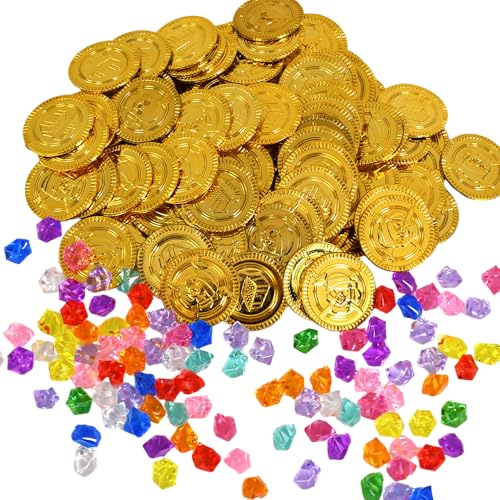 Vninkul 200 STK Piratenschatz Piraten Münzen Zubehör 100 Edelsteine und 100 Goldmünzen für Kinder Goldmünzen Set Kunststoff Goldtaler Piratenparty Seeräuber Schatzsuche Spielmünzen Geschenk für Party