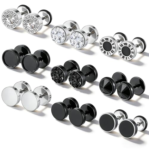 IANFAN 9 Paar Ohrringe Herren Edelstahl, Schwarz Ohrringe Männer Ohr Piercing Schwarz Sliber Creolen Ohrring Runde Schraube Barbell Ohrstöpsel Faux Gauges Ohrring für Herren Damen 8MM