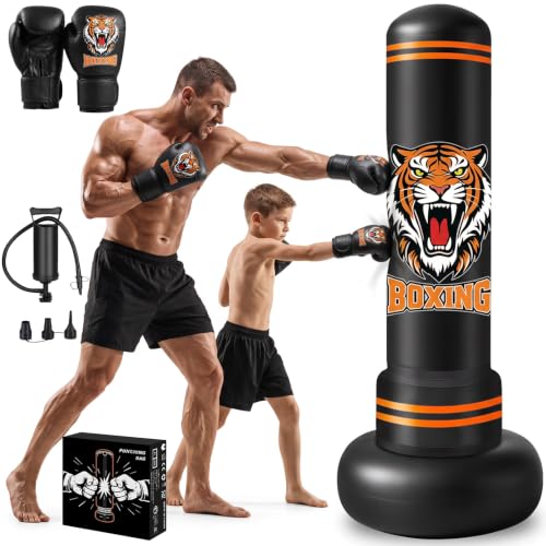 Boxsack Erwachsene, 190cm Schwerer Boxsack Stehend mit Boxhandschuhen und Luftpumpe, Aufblasbar Standboxsack für Teenagern und Erwachsenen Training Taekwondo MMA Muay Thai Zuhause Fitnessstudio