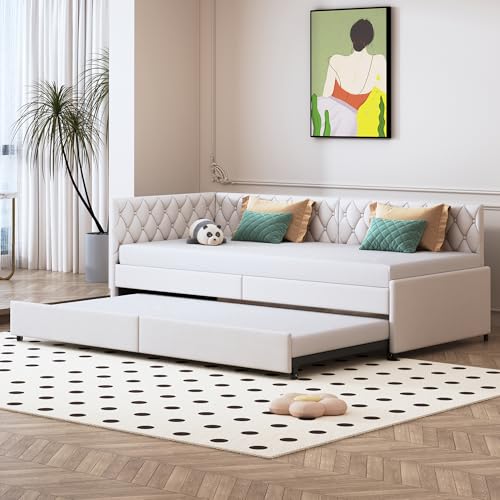 DAHUEN Ausziehbares Schlafcouch 90/180 x 200 cm, Schlafsofa Polsterbett Ausziehbar mit Gästebett, Tagesbett Ausziehbar mit Lattenrost, Sofa Bett Bettgestell, Samt, Ohne Matratze (Beige-C)