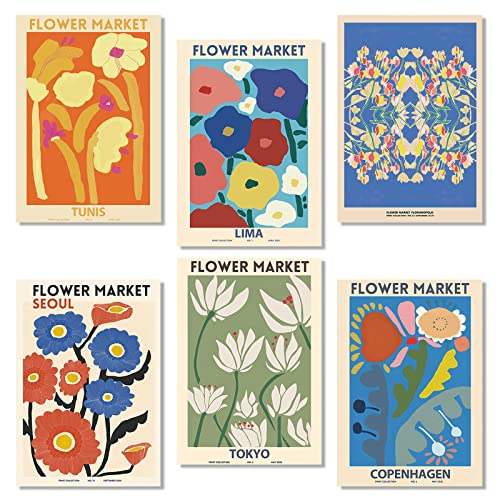 milaosk 6Pcs Stilvolles Blumen Bilder A4, Matisse Poster Flower Market Poster Weinlese Plakat Kunstdrucke Wohnzimmer Wandbilder für Aumdekoration(Ohne Rahmen)