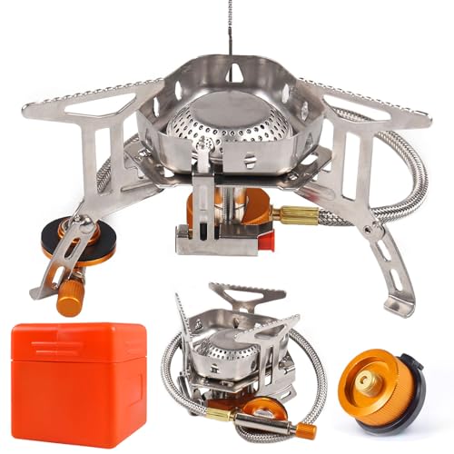 AUEJACKY Campingkocher 3500W, Winddicht Gas Campingkocher mit Piezozündung, Klein Faltbar Camping Gaskocher, Gaskocher mit Adapter Camping für Outdoor Picknick Camping Trekking Wandern (A)