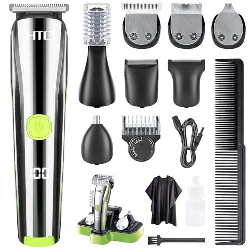 HTC Barttrimmer Herren - 12-teiliges Set Herrenpflege-Set, mit Haarschneidemaschine, Rasierer herren elektrisch, Haartrimmer, Rasierer elektrisch für Bart, Haar, Körper, Nase und Ohr - AT1208