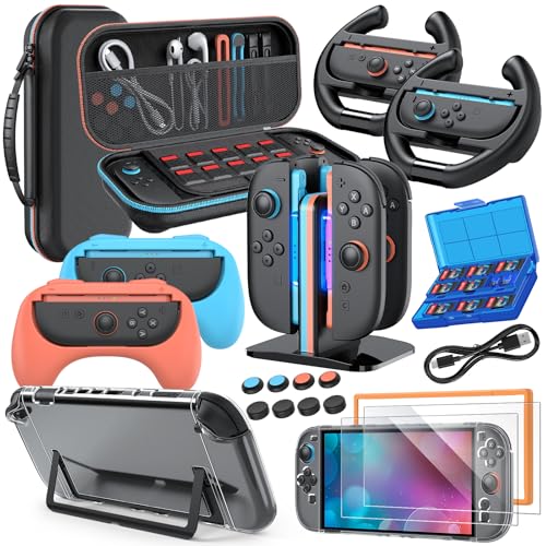 Switch 2 Zubehör, Bundle Tasche für Nintendo Switch 2 (2025), MENEEA 20-in-1-Set: Tragetasche, Controller-Lade-Dock, Griffe für Joy-Con, Lenkräder für Mario Kart (Schwarz)
