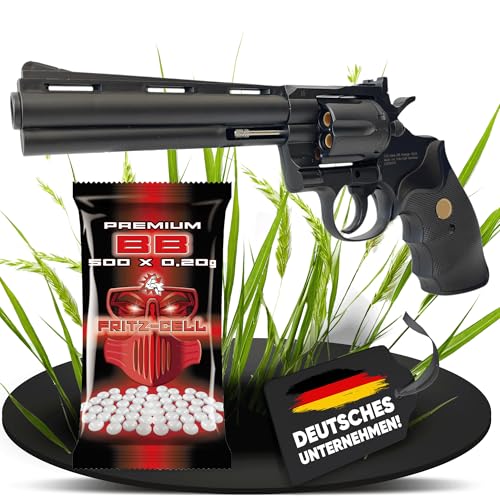 Fritz-Cell Set Airsoft Revolver FC36S Federdruck Softair Waffe 0,5 Joule 6 mm inkl. 500 Premium BB's 0,20g Munition (Schwarz)