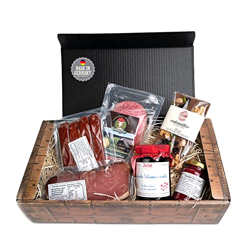 Kirschkiste - 6-teilig - Schlemmergeschenk mit Kirschmarmelade, Kirschsenf, Kirschwassersalami, Landjäger, Schokolade und Schinken - eine süße Überraschung aus dem Schwarzwald