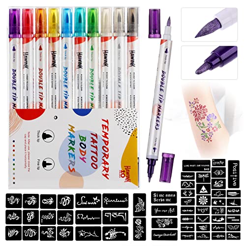 HAWINK Temporäre Tattoo Markers Set mit 10 Farben Tattoo Stifte und 56 Tattoo Große Schablonen Tattoos für Kinder Mädchen Erwachsene Weihnachten ZYH2208001KIT