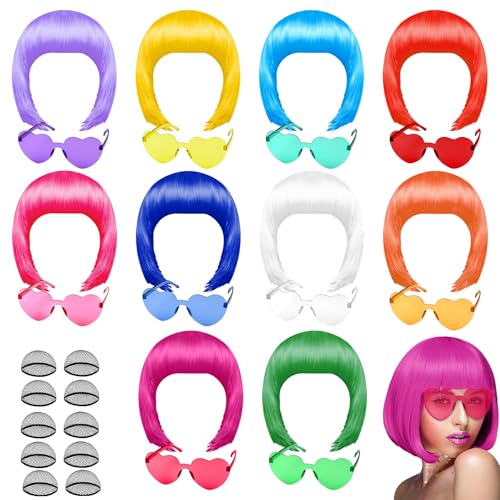 PLULON 20 Teile Party Perücken und Sonnenbrillenset, Neon Short Bob Perücke Sonnenbrillenpackung Kostüm Bunt Cosplay Tägliche Party Haarstücke zum Bachelorette Neon Party, Halloween Dekorationen