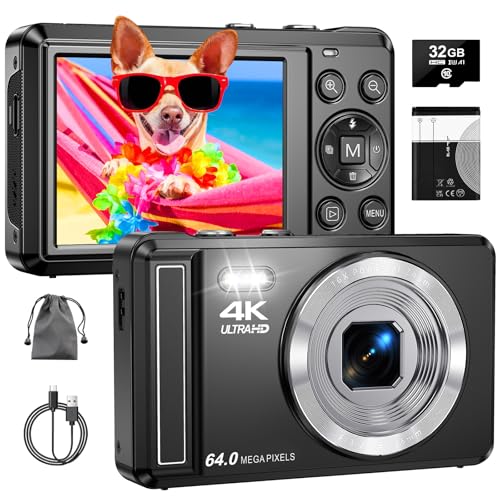4K 64MP Digitalkamera mit 32 GB TF-Karte, Autofokus Fotoapparat mit 16X Digitalzoom Tragbar Kompaktkamera mit 1200mAh Batterie, USB-Kabel, für Kinder Teenager Erwachsene Anfänger