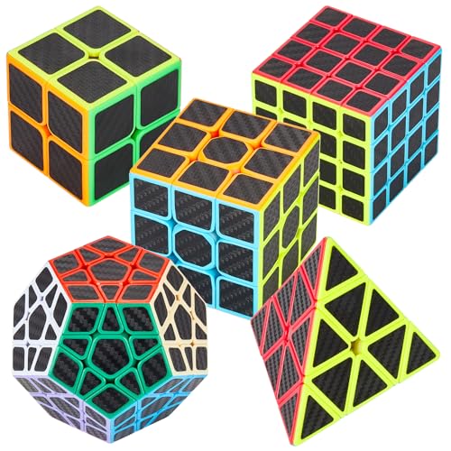 Coolzon Zauberwürfel 5 Stück Speed Cube Set Pyraminx + Megaminx + 2 x 2 + 3 x 3 + 4 x 4 Magic Puzzle Cube Würfel Carbon Faser Aufkleber in Geschenkbox für Kinder Erwachsene