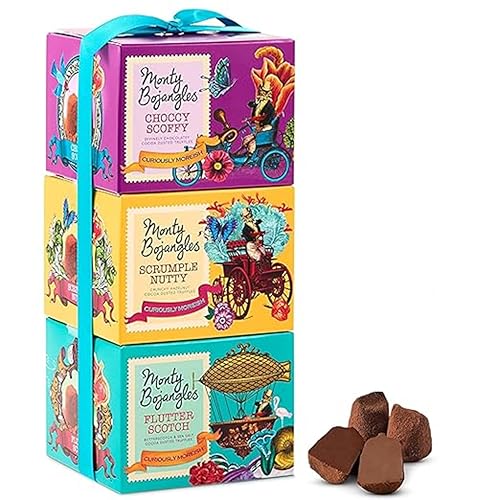 Monty Bojangles Schokoladentrüffel- Pralinen Sortiment mit Kakao bestäubt in Geschenkturm (3x100 g), 3 verschiedene Schokolade Geschmacksrichtungen, preisgekrönte Pralinen