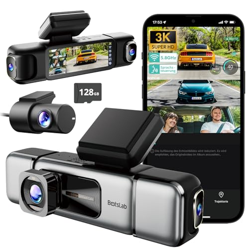 BOTSLAB 4 Kanal Dashcam Auto Vorne Hinten, 4 Channel 3K+3 * 1080P, Autokamera mit 128GB SD Karte, GPS 5GHz WiFi,3.18