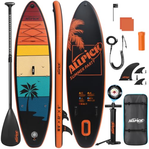 ALLPICK Premium SUP Board Set, Stand Up Paddling Board Aufblasbar, Mit Universal Kamerahalterung, Komplettes Zubehör, Verstellbares Paddel, Anfänger, Fortgeschrittene, 200kg