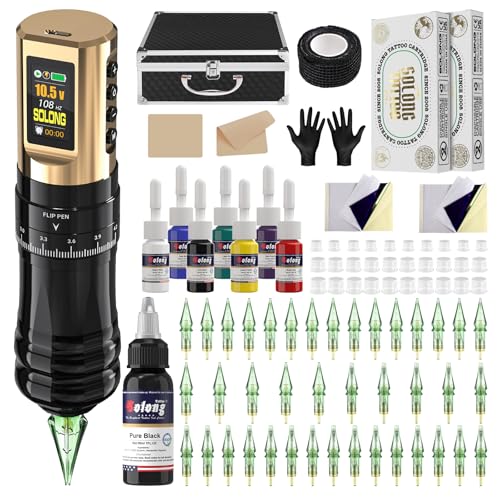 Solong Tattoo Maschine Set Profi, Rotary Wireless Tattoo Pen Gun Kit mit 1800mAh Akku, LCD Digital 40 Cartridges Nadeln 8 hochwertigen Tinten für Tattoo Anfänger und Künstler SLE96EN01SEU-9