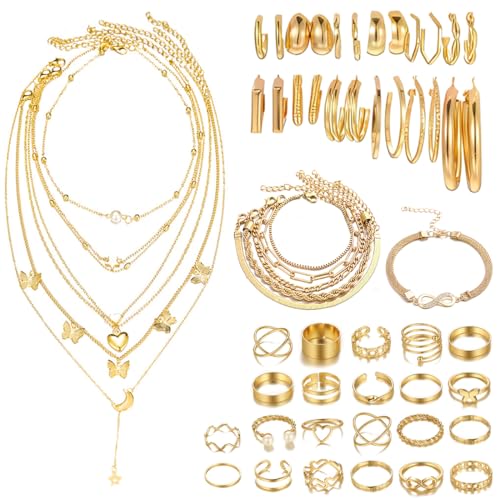 Bcenoilua Schmucksets für Damen Goldenes Halsketten und Armbandset Trendige Klobige Goldene Creolen Ohrringe Vergoldete Ringe Schmuck Accessoires Geschenke für Frauen (Gold-A, Einheitsgröße)