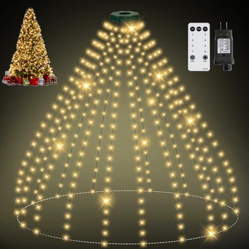 Lichterkette Weihnachtsbaum mit Ring, 2.5M 16 Stränge 400 LED IP65 Wasserdicht Lichterkette außen mit 5 m Zuleitung weihnachtsbeuleuchtung innen 8 Modi Timer für 150, 180, 240cm Tannenbaum- Warmweiß