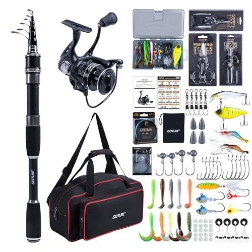 Goture Angelset mit Teleskop-Angelruten, Angelrute Set Komplett 5.2:1 Spinnrolle (9+1 Bearing), Schnur, Köderbox & Tragetasche – für Salz-/Süßwasser, Reisen–Angelgeschenk