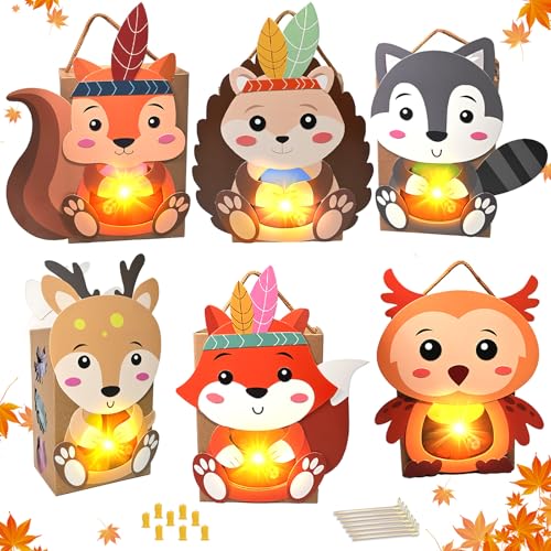 6 Stück Laternen Bastelset, Laterne Kinder, Herbst Basteln mit Kindern, Bastelset Herbst Kinder zum Hedgehog, Fox, Elk, Squirrel, Raccoon, Owl mit Laternenstab, DIY Laternen Basteln St Martin