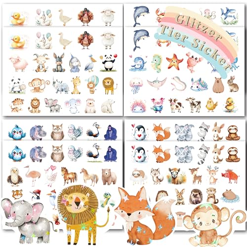 FloraVigo 8pcs Tier Glitzer Sticker mit Glitzereffekt Über 150 Motiv Glitzersticker Tiersticker Aufkleber Holografische Tiere Waldtiere für Kinder Mädchen Scrapbooking Fotoalbum Geschenke