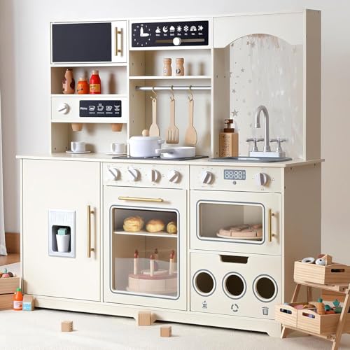 besrey Kinderküche Holz, Spielküche mit Licht & Sound, 18-tlg. Zubehör | Große Kinder Küche (Maße: 105 x 29,5 x 101.5 cm) für Rollenspiele