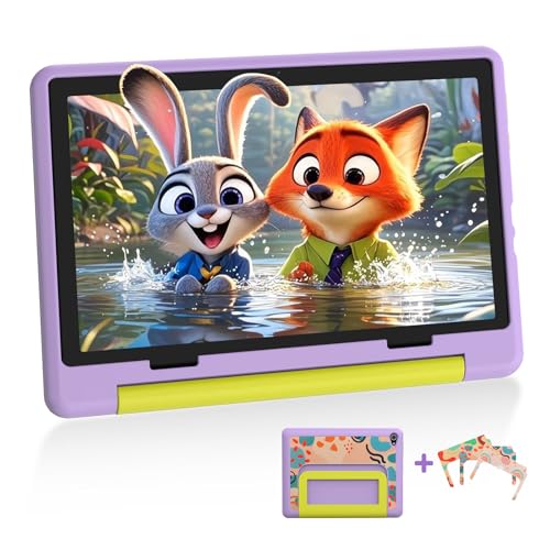 Laptok Kinder Tablet 10 Zoll, Android Tablet für Kinder mit 8 GB RAM+64GB ROM(TF 1TB), Octa Core, Wi-Fi 6G, Widevine L1, 5000mAh, Type-C, Sturzsicherer Schutzhülle Lila