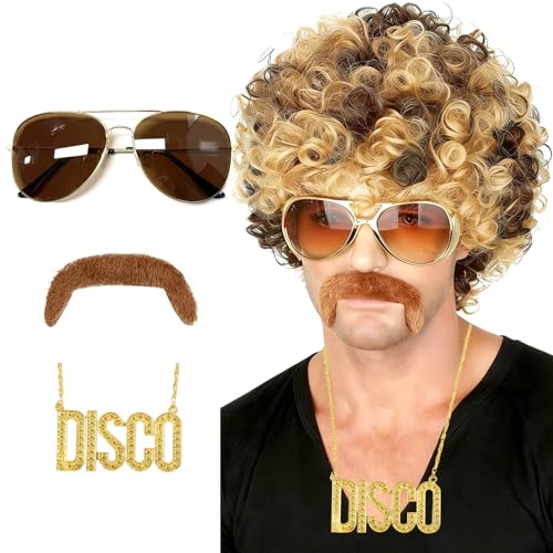 Herren Perücke, 70er Jahre Dude Dirt Bag Perücke, Afro Perücke mit Bart, Pilotenbrille & Goldkette, Fasching Perücken Herren für Cosplay, Karneval, Halloween Party, Braun Mix Blond