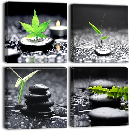 Artscope 4 Teilig Leinwandbilder mit Grüne Blatt Regentropfen und Steine Motiv Kunstdruck - Moderne Wandbild für Badezimmer Wohnzimmer Wanddekoration - 30 x 30 cm