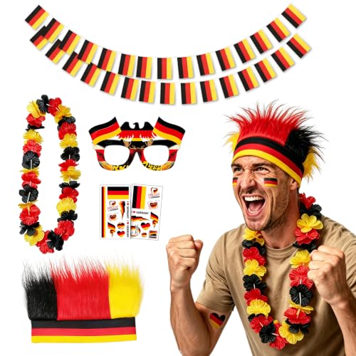 7 Stück Deutschland Fanartikel,Fußball WM 2026 Fanartikel Set mit Perücke Brille Girlanden Aufkleber und Banner,Geeignet für Live-Fußballpartys in Privathäusern, Bars und anderen Veranstaltungsorten